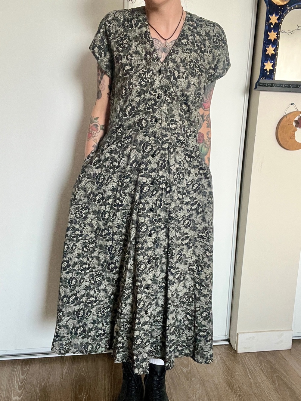 90’s Vintage Black floral gothic maxi dress